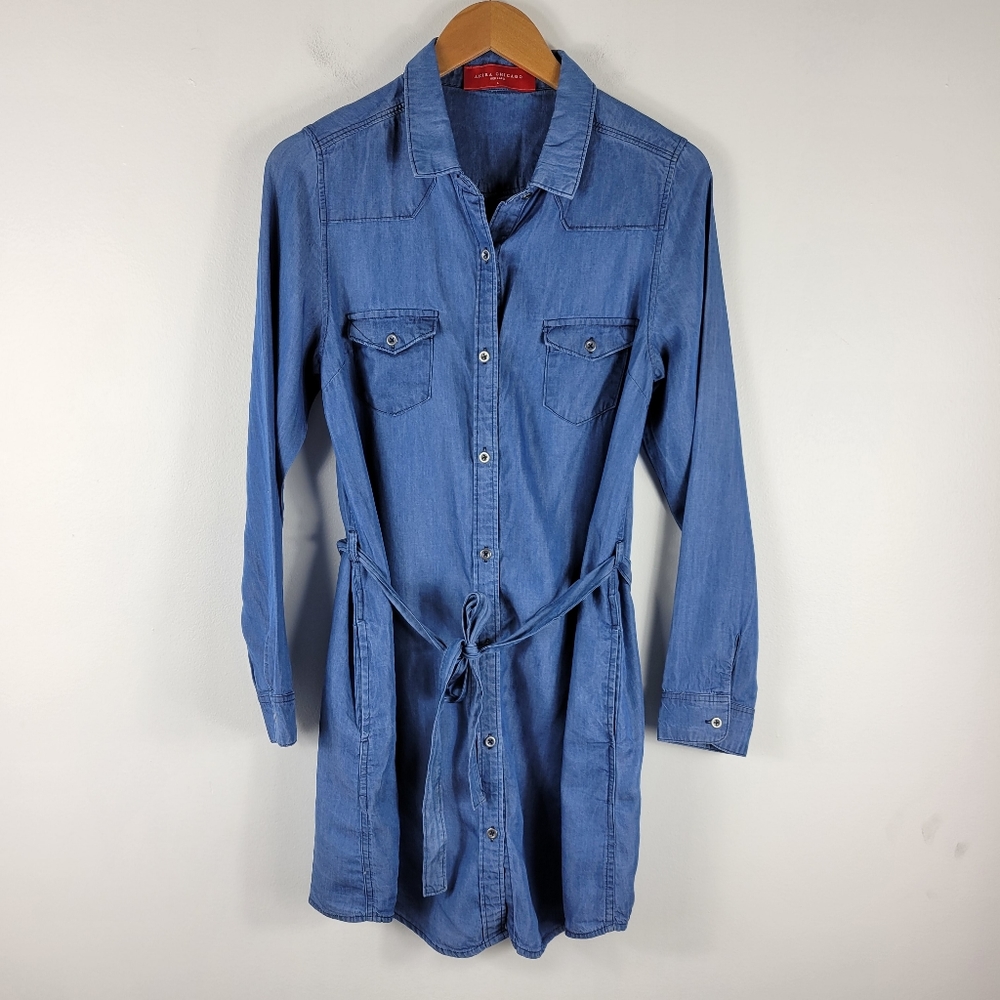 Akira Chicago Long Sleeve Belted Button Down Tunic Dress